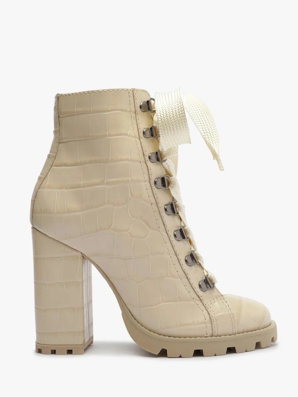 SCHUTZ Croc-Embossed Lace-Up Block Heel Boot in Cream